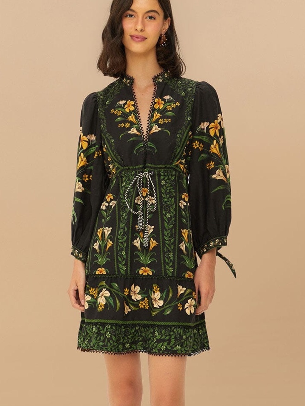 Farm Rio Flowers Arch Black Linen Floral Boho Lace Scalloped Mini Dress XS NWT